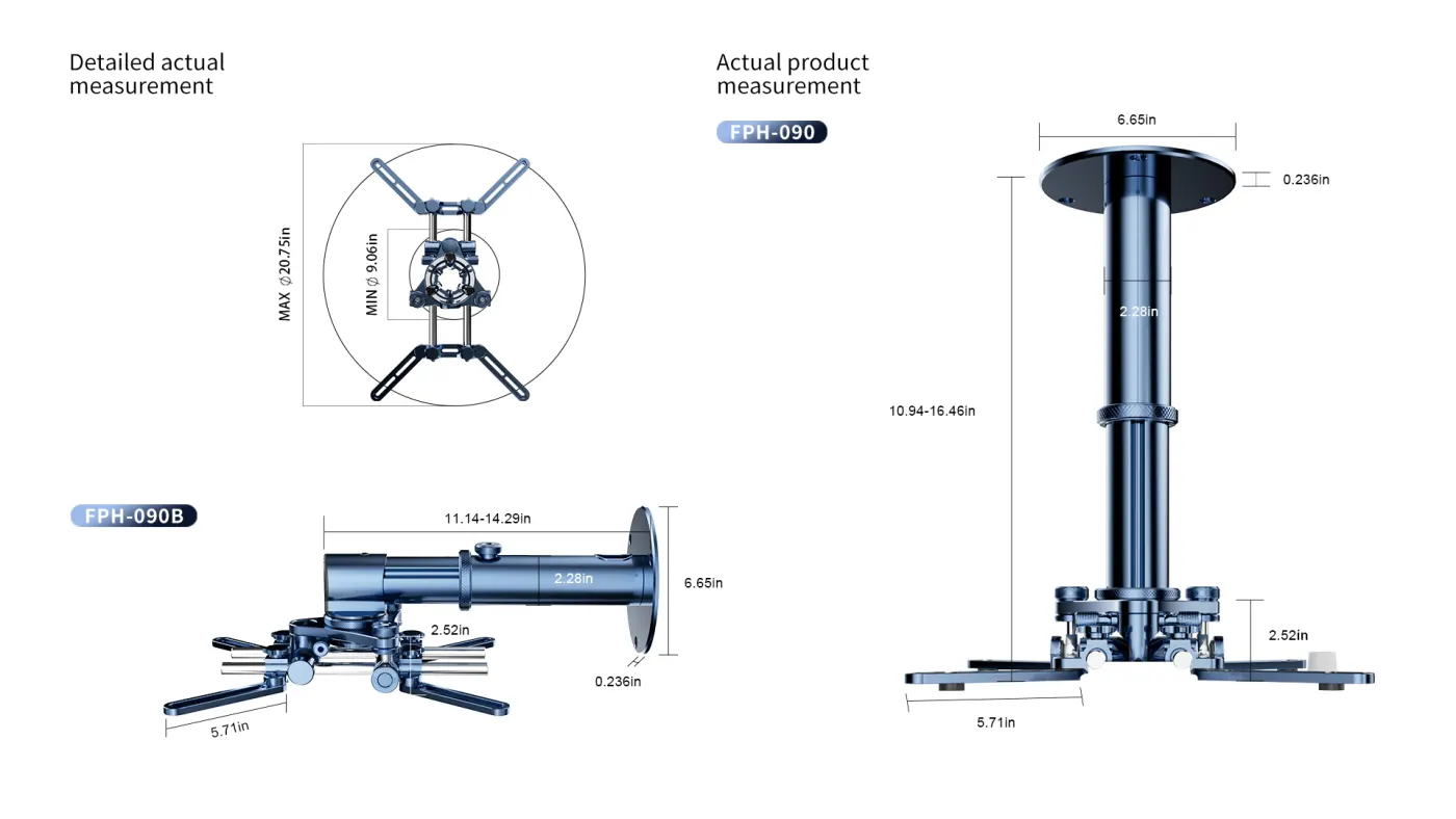 FPH-090 Full Motion Projector Wall & Ceiling Mount Bracket with Adjustable Height — manufacturer detail image